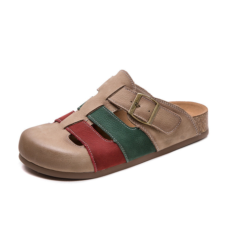 Women Casual Buckled Colorful Straps Retro Leather Slippers