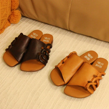 Women Retro Leather Open Toe Casual Cut Out Chunky Slippers