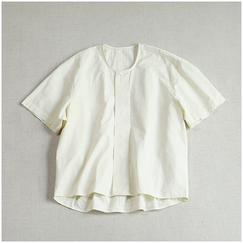 Women Cotton Fashionable Round Neck Loose Hidden Button Shirt