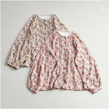 Retro Cotton Floral Printed Round Neck Single Breasted Shirt