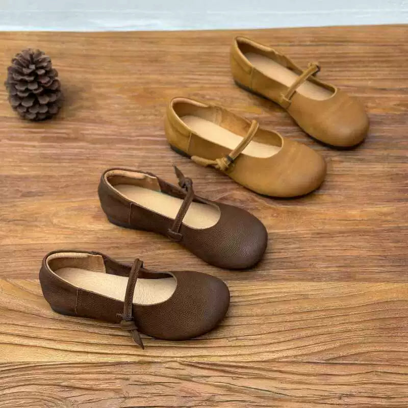 Women Retro Leather Round Toe Shallow One Straped Shoes