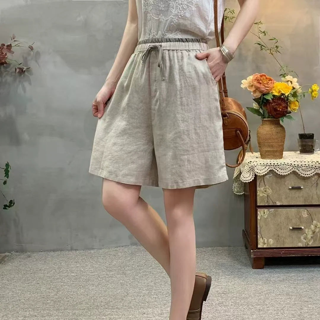 Babakud Summer Retro Linen Casual Elastic Waist Versatile Shorts
