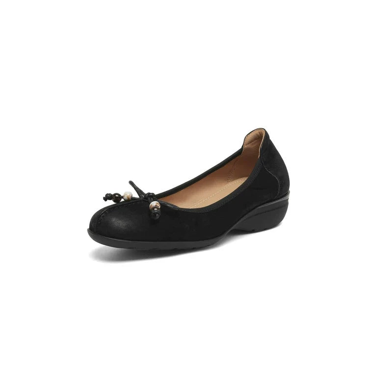 Elegant Sheepskin Leather Round Toe Shallow Bow Shoes