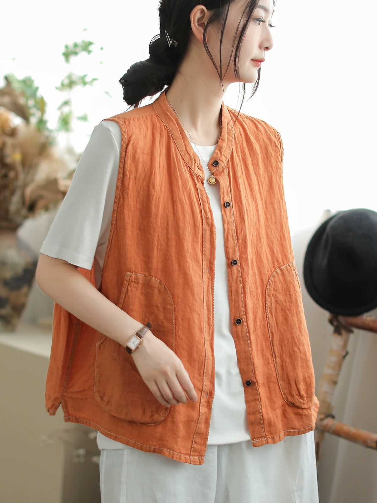 Babakud Summer Retro Linen Round Neck Single-Breasted Vest