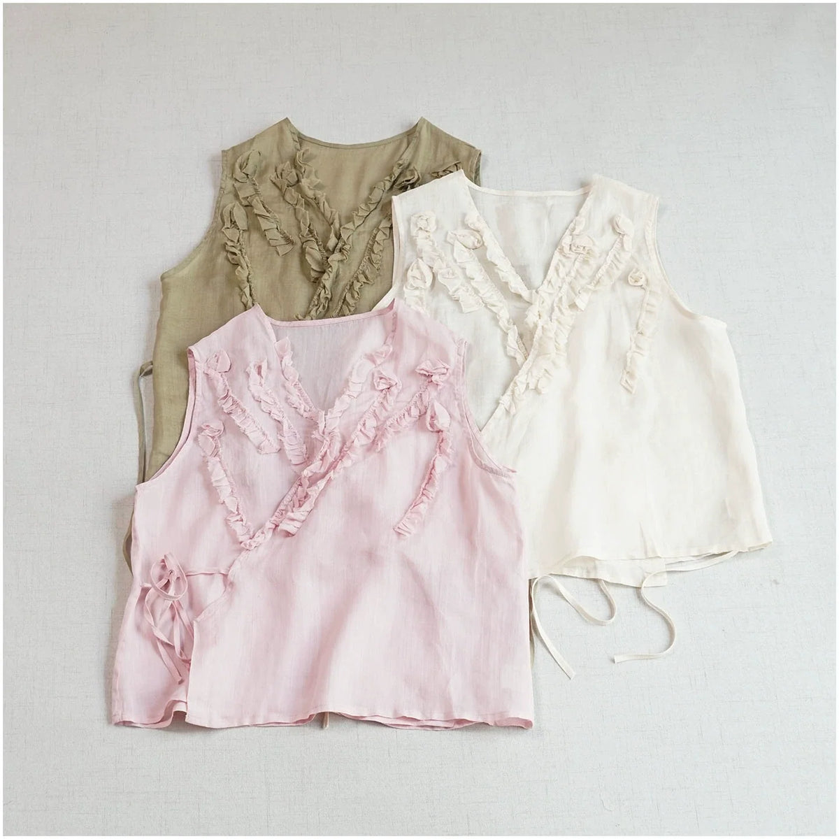 Women Summer Ramie V-Neck Ruffled Lace-Up Sleeveless Top