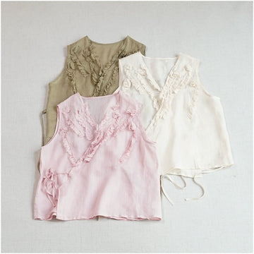 Women Summer Ramie V-Neck Ruffled Lace-Up Sleeveless Top