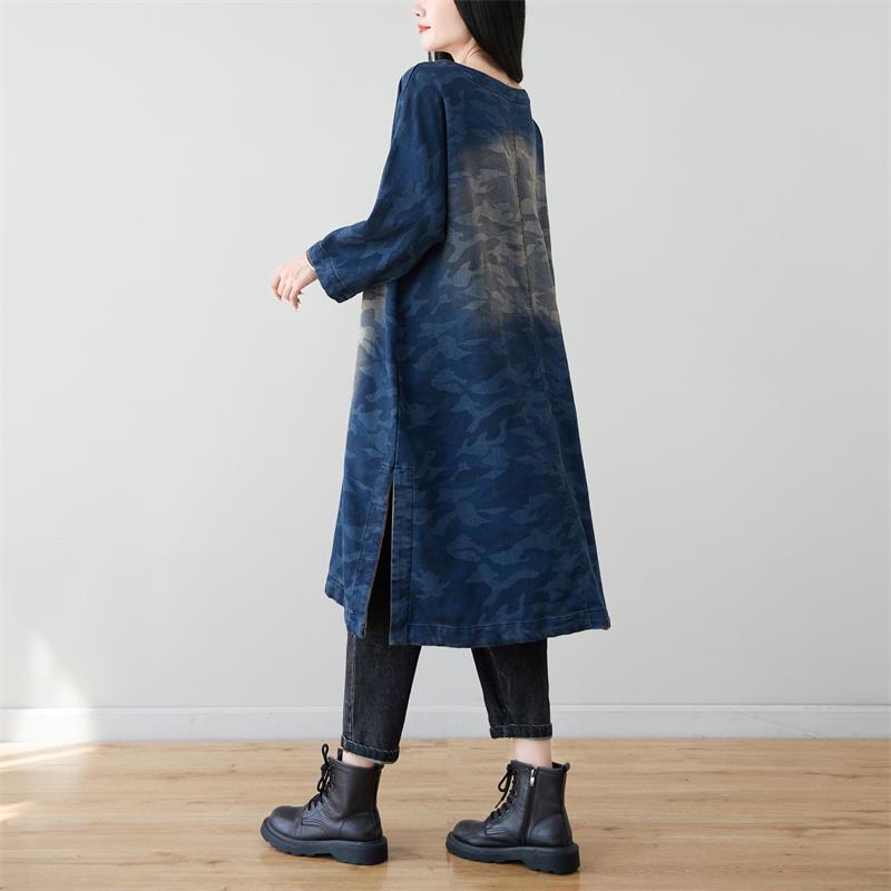 Spring Retro Washed Camouflage Round Neck Denim Midi Dresses