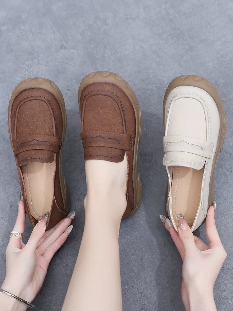 Women Spring Retro Casual Genuine Leather Soft Sole Loafers
