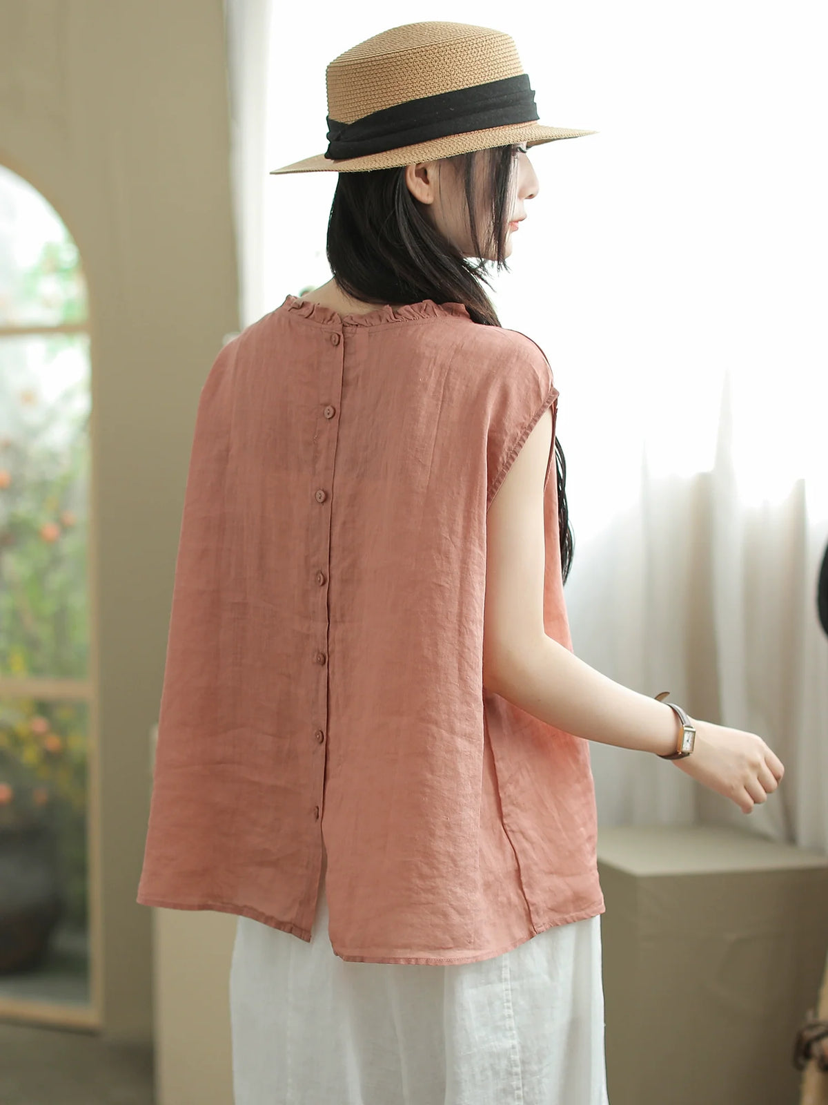 Babakud Summer Vintage Ramie Cool Round Neck Sleeveless Shirt
