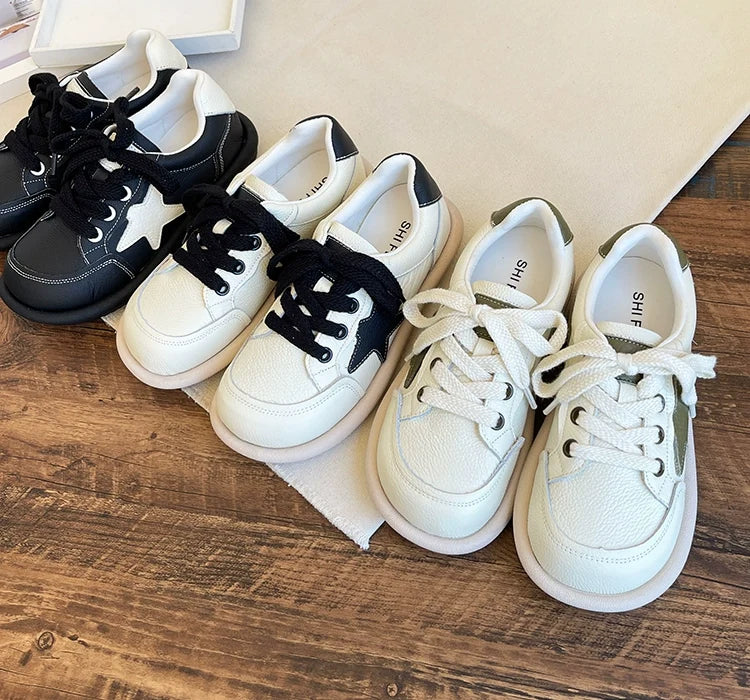 Babakud Casual Leather Patchwork Soft Flat Sole Lace Up Sneakers