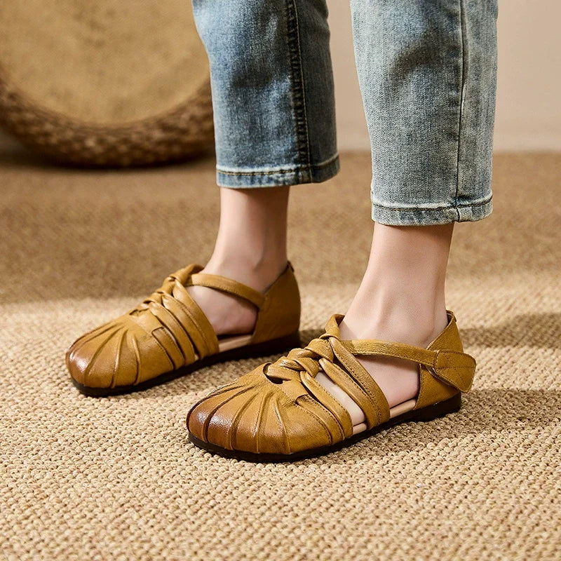 Babakud Women Retro Leather Hollow Soft Flat Sole Velcro Sandals
