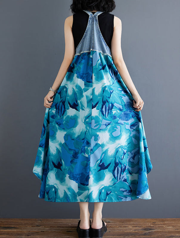 Women隆炉s Floral Spaghetti Strap Denim Patchwork Maxi Dress
