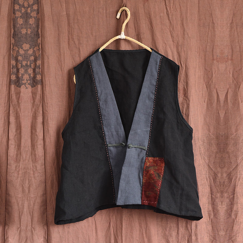 Women Retro Linen Patchwork Sleeveless Linen Vest