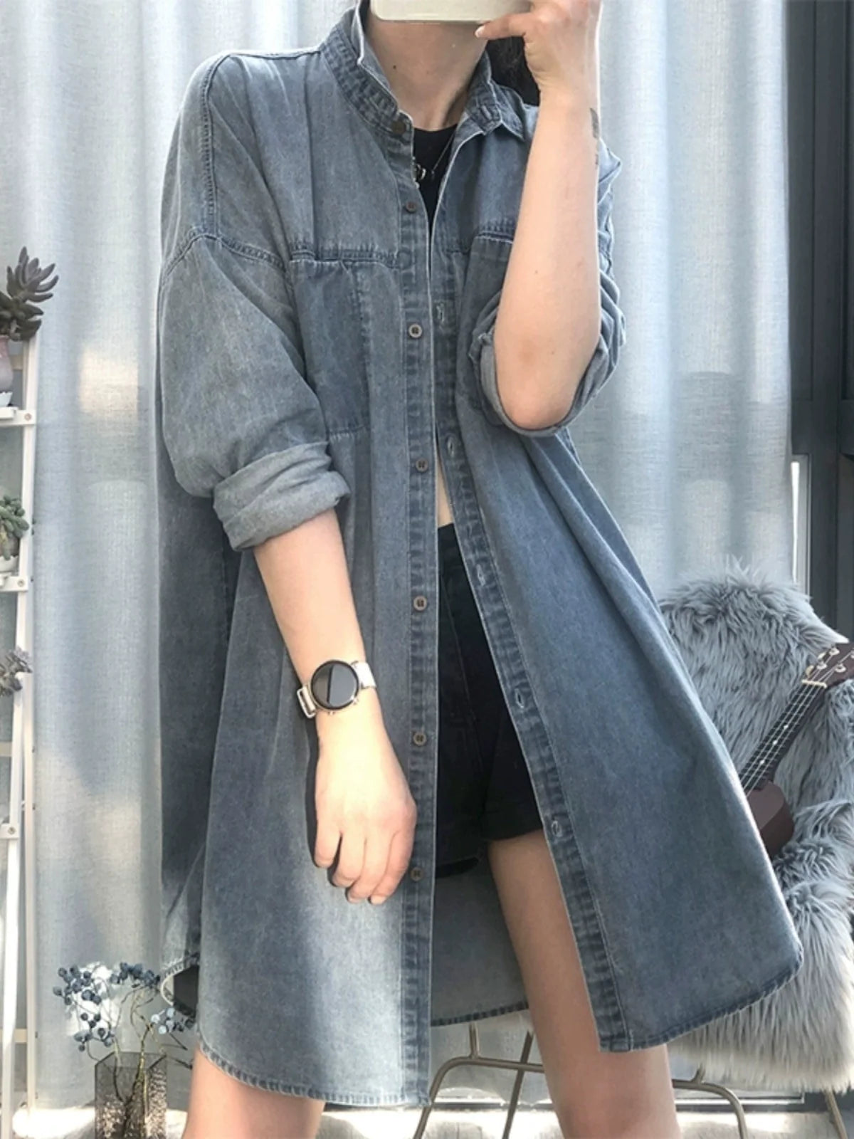 Women Retro Denim Long Sleeves Loose Casual Coat