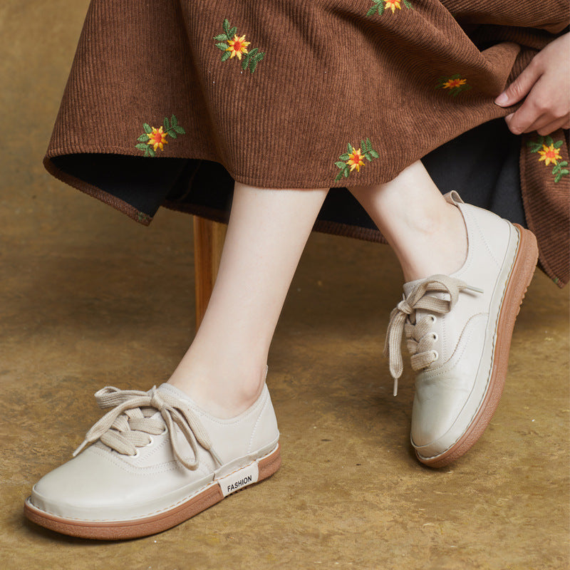 Women Genuine Leather Round Toe Lace-Up Flat Casual Shoes