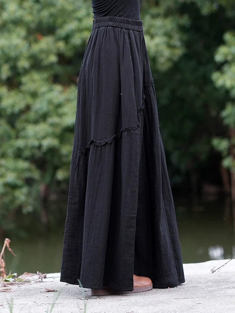 Women Retro Cotton Casual Loose Ruffled Versatile A-Line Skirt