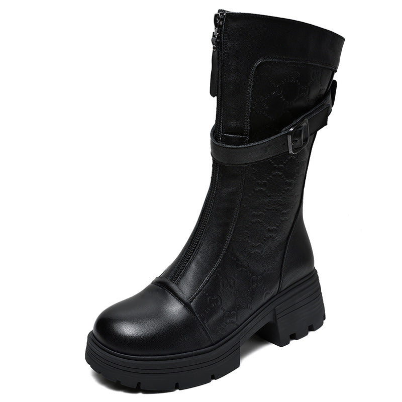 Babakud Autumn Leather Printed Round Toe Front Zipper Boots
