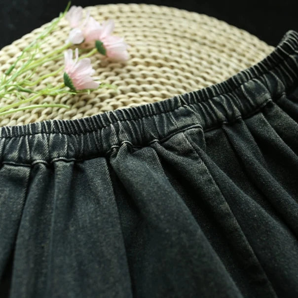 Women Spring Washed Vintage Patchwork Denim A-Line Skirt