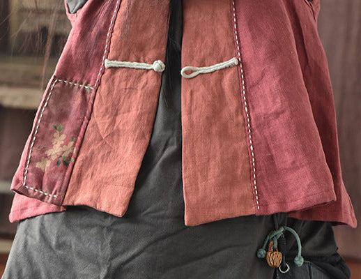 Women Retro Linen Patchwork Sleeveless Linen Vest