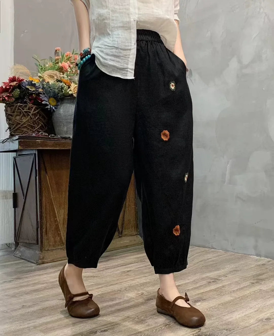 Summer Retro Linen Embroidered Elastic Waist Harem Pants