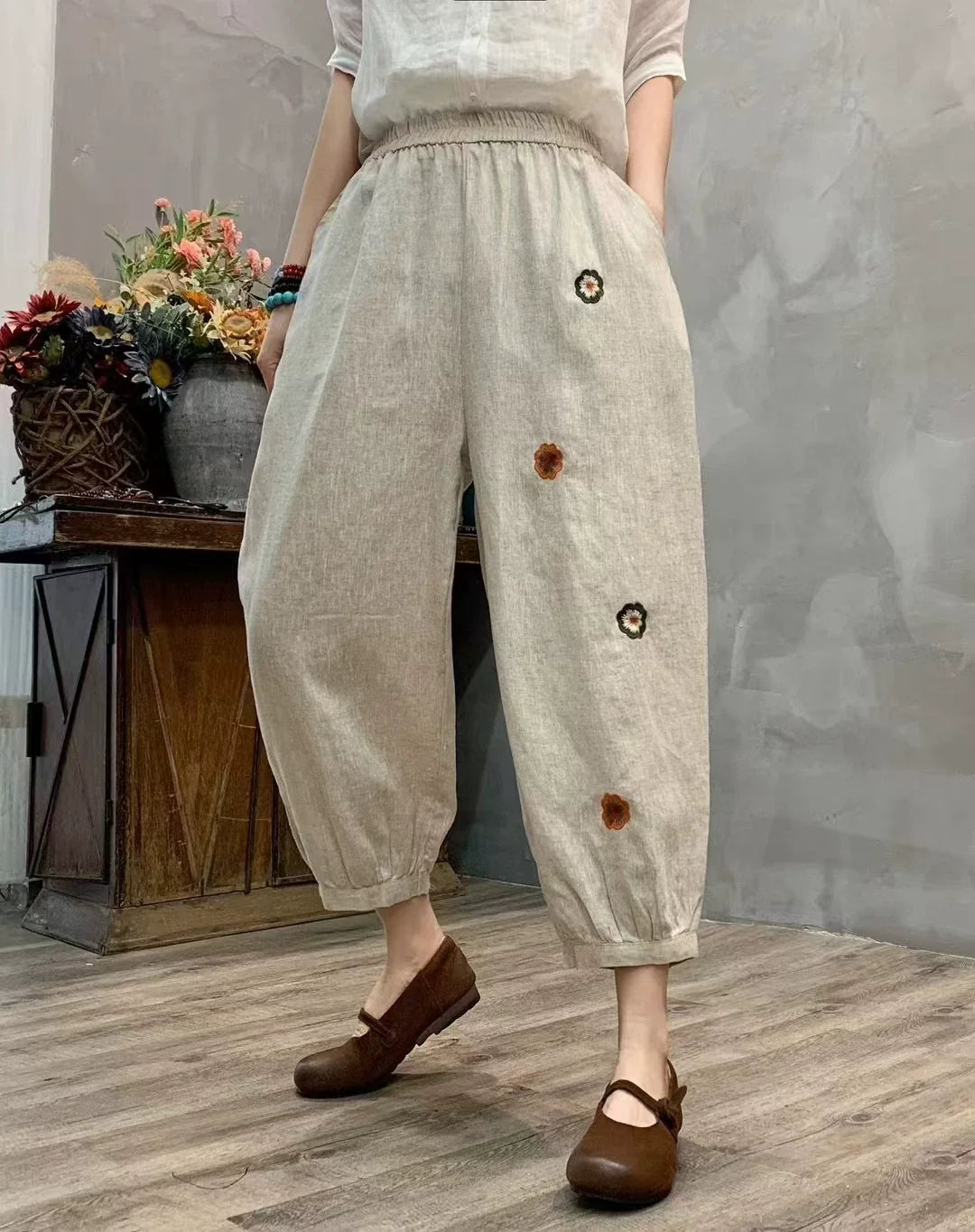 Summer Retro Linen Embroidered Elastic Waist Harem Pants