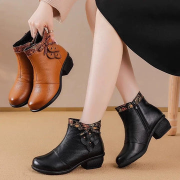 Retro Leather Patchwork Chunky Versatile Zipper Ankle Boots
