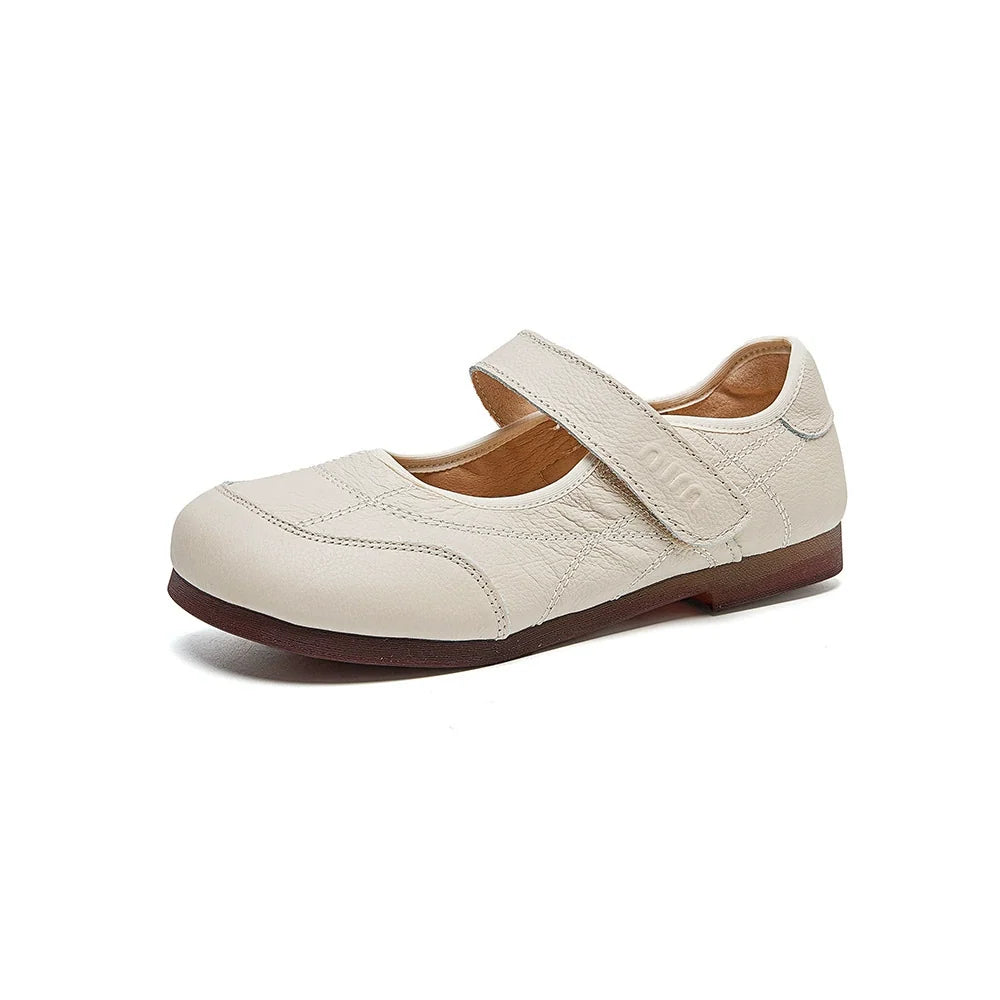 Women Retro Leather Round Toe One Straped Velcro Flat Shoes
