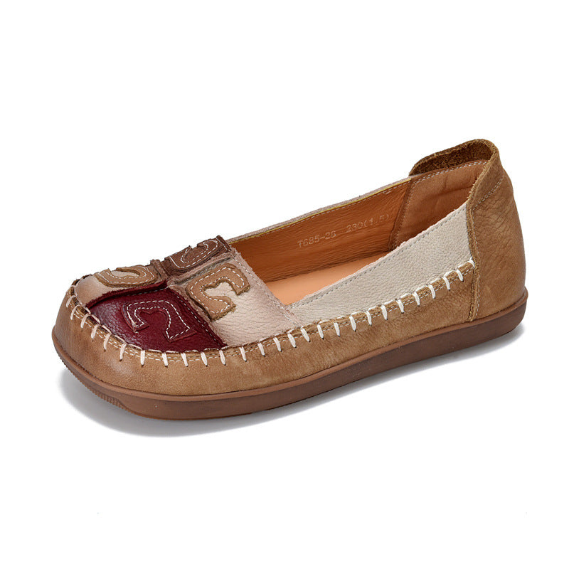 Retro Leather Patchwork Closed Toe Shallow No-Slip Flats
