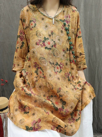 Women Yellow Stylish Retro Printed Mid-Length Ramie Blouse