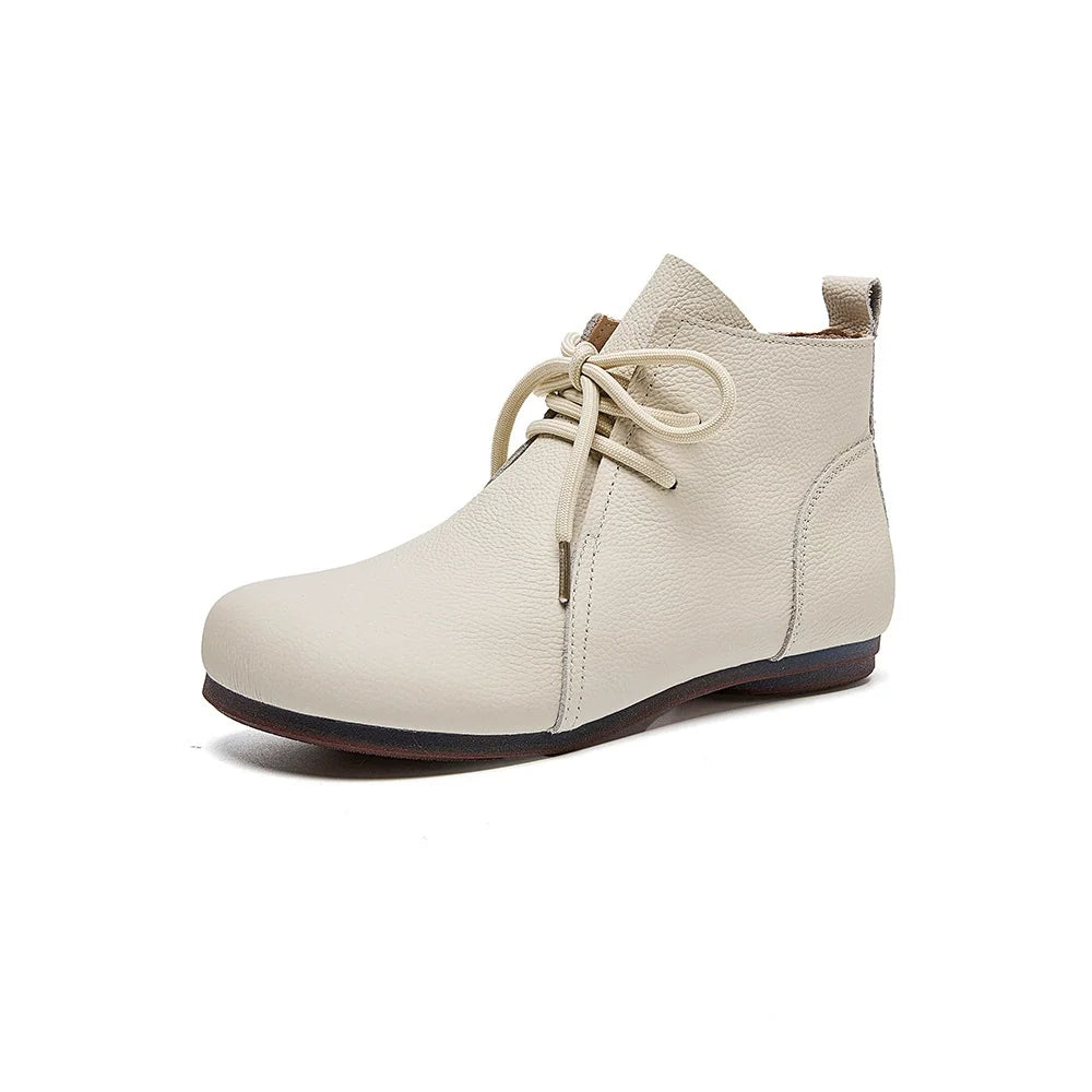 Genuine Leather Retro Round Toe Lace-Up Ankle Boots