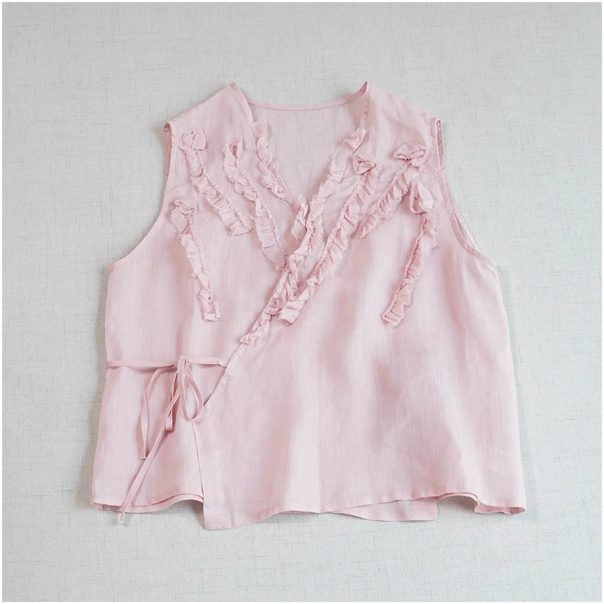 Women Summer Ramie V-Neck Ruffled Lace-Up Sleeveless Top