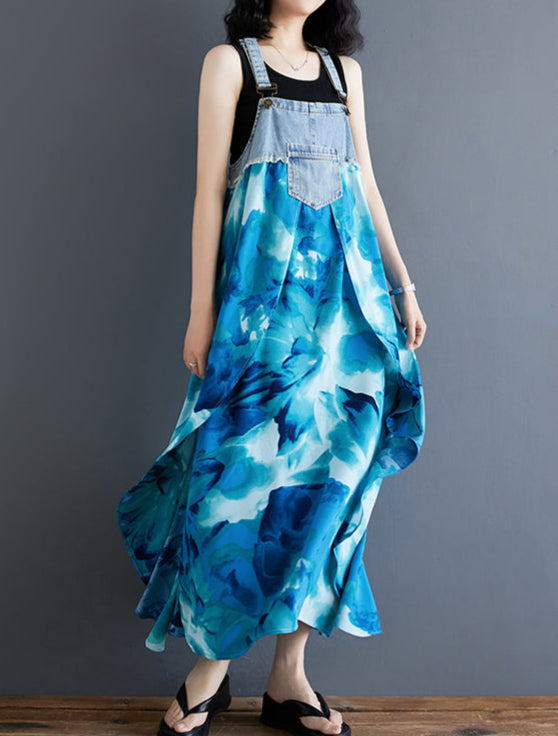 Women隆炉s Floral Spaghetti Strap Denim Patchwork Maxi Dress