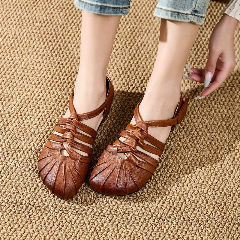 Babakud Women Retro Leather Hollow Soft Flat Sole Velcro Sandals