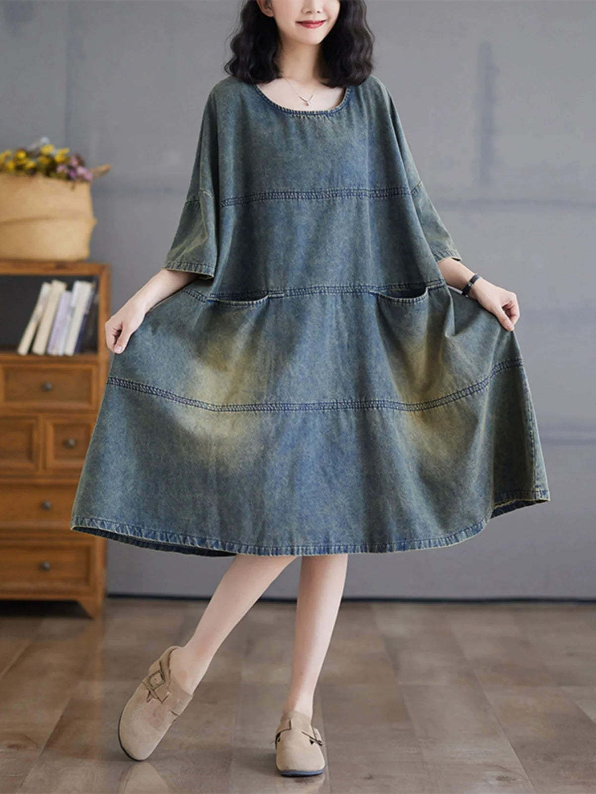 Women Spring Vintage Patchwork Denim Dress with Pockets