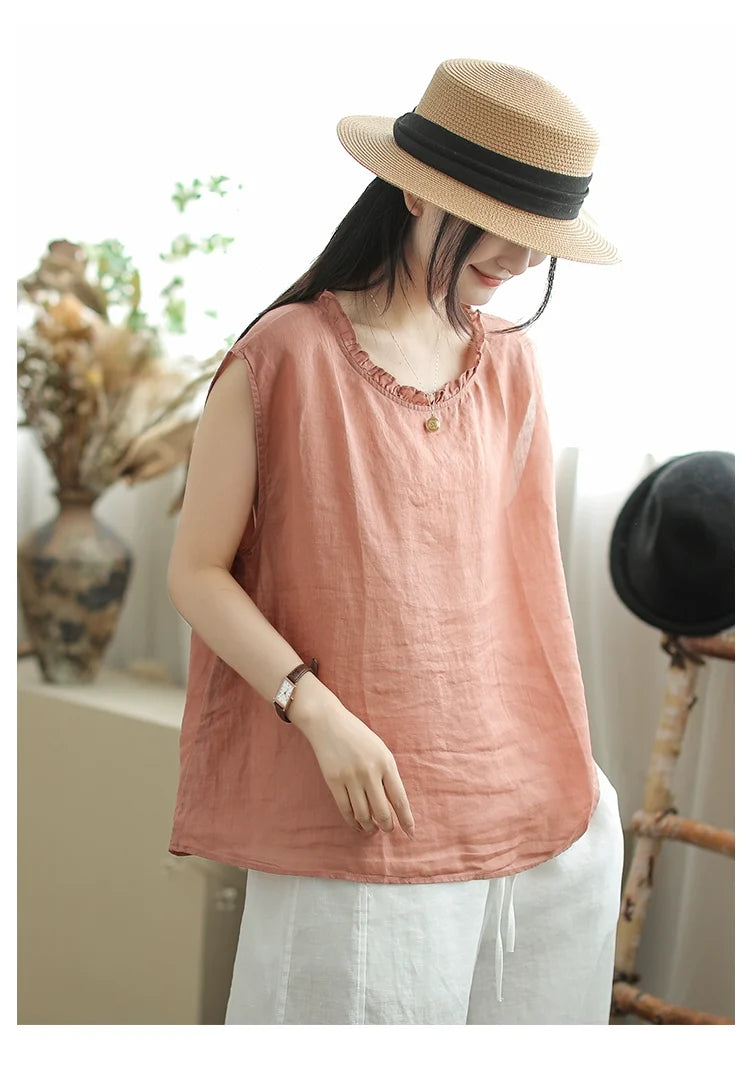 Babakud Summer Vintage Ramie Cool Round Neck Sleeveless Shirt