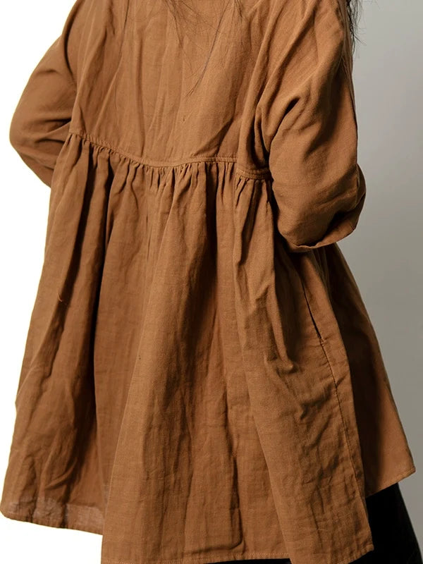 Retro Cotton Casual Versatile Loose V-Neck Long Sleeves Shirt