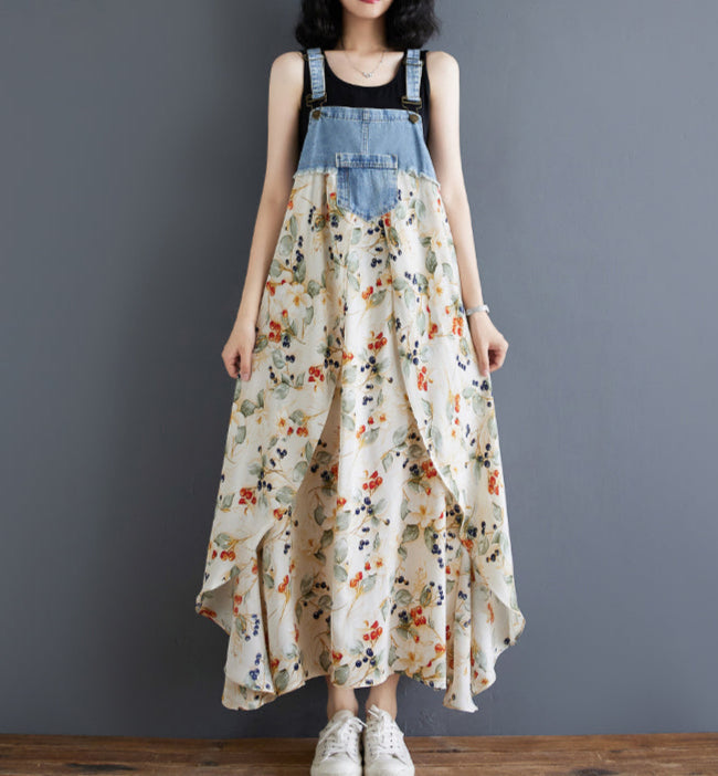 Women隆炉s Floral Spaghetti Strap Denim Patchwork Maxi Dress
