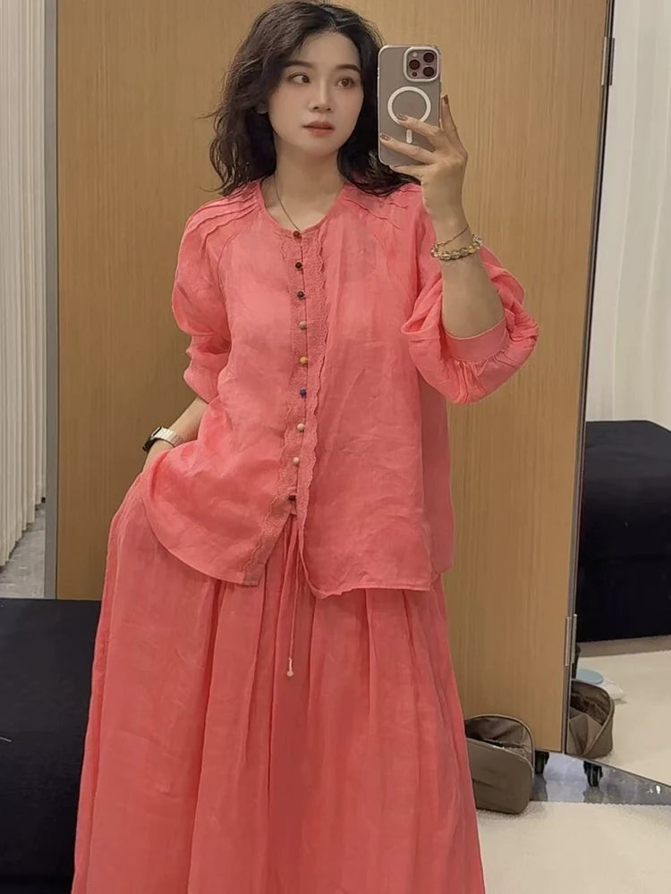 Summer Ramie Floral Lace Single-Breasted Puffed Sleeves Top