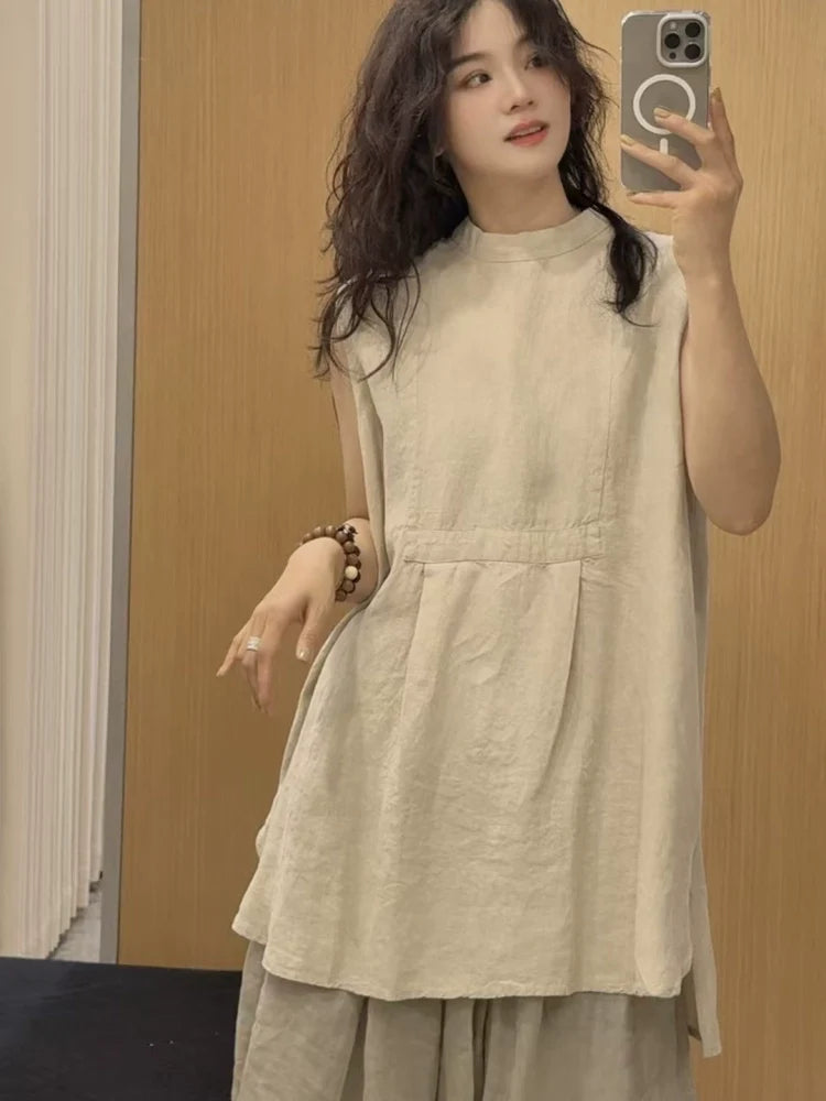 Summer Vintage Linen Sleeveless Loose Versatile Pullover