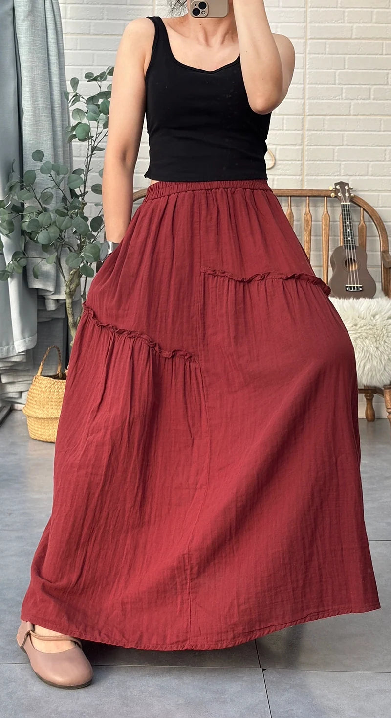 Women Retro Cotton Casual Loose Ruffled Versatile A-Line Skirt