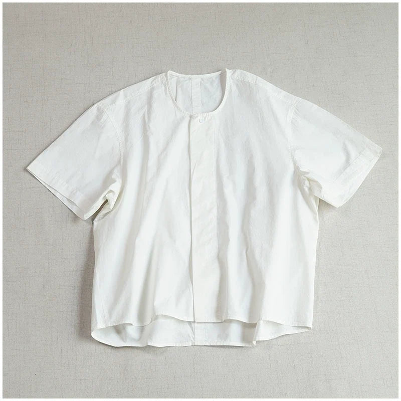 Women Cotton Fashionable Round Neck Loose Hidden Button Shirt