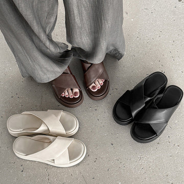 Summer Top Leather Open Toe Platform Soft Sole Crossover Strap Slippers