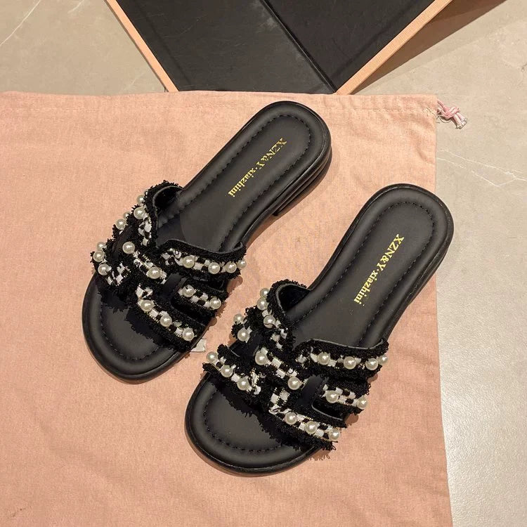 Women Summer Elegant PU Pearl Soft Sole Open Toe Shoes