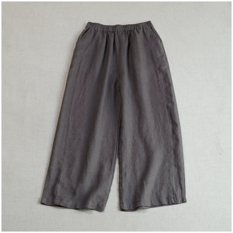 Women Summer Retro Linen Solid Color Loose Cropped Pants