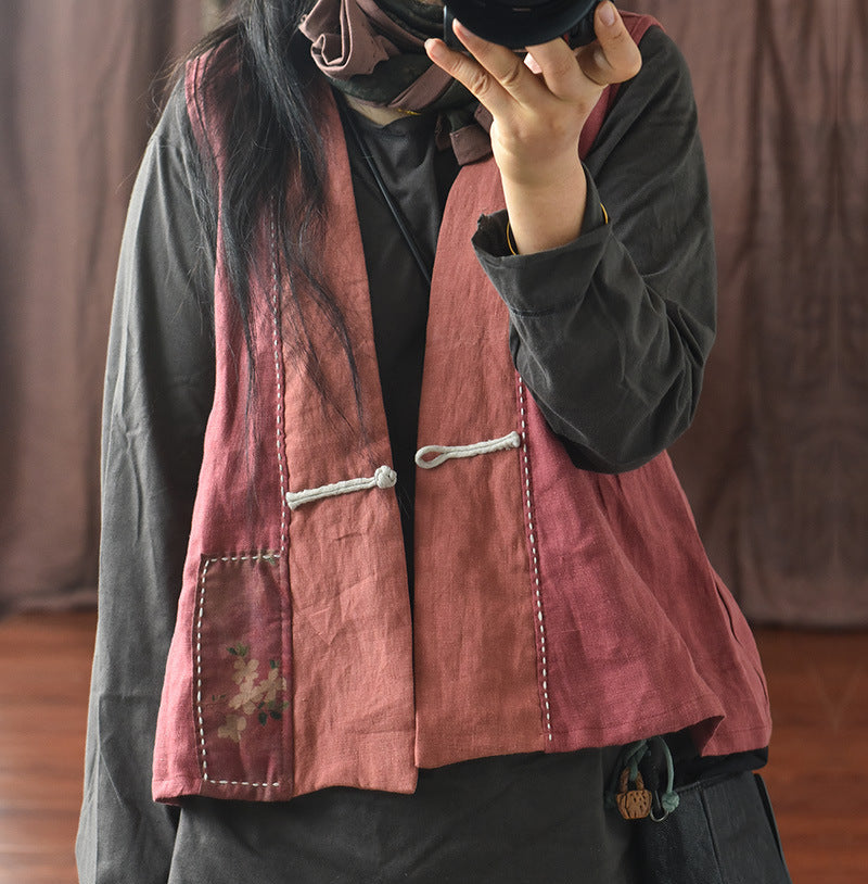 Women Retro Linen Patchwork Sleeveless Linen Vest