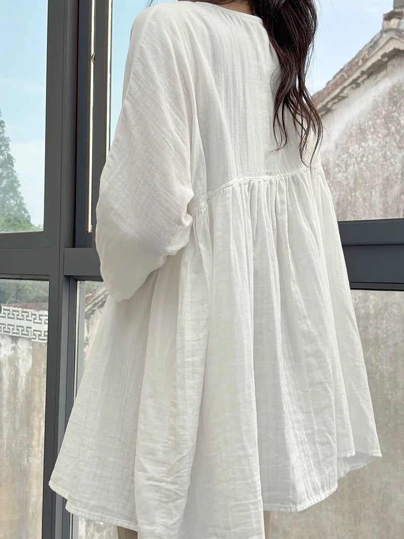 Retro Cotton Casual Versatile Loose V-Neck Long Sleeves Shirt