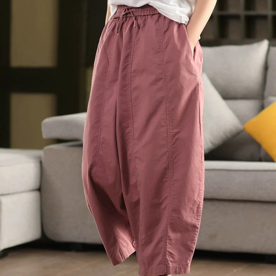 Women Spring Retro Cotton Solid Color Casual Harem Pants