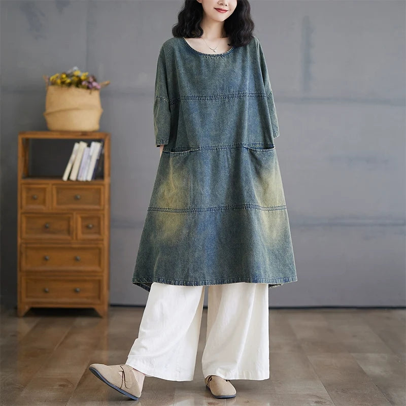 Women Spring Vintage Patchwork Denim Dress with Pockets