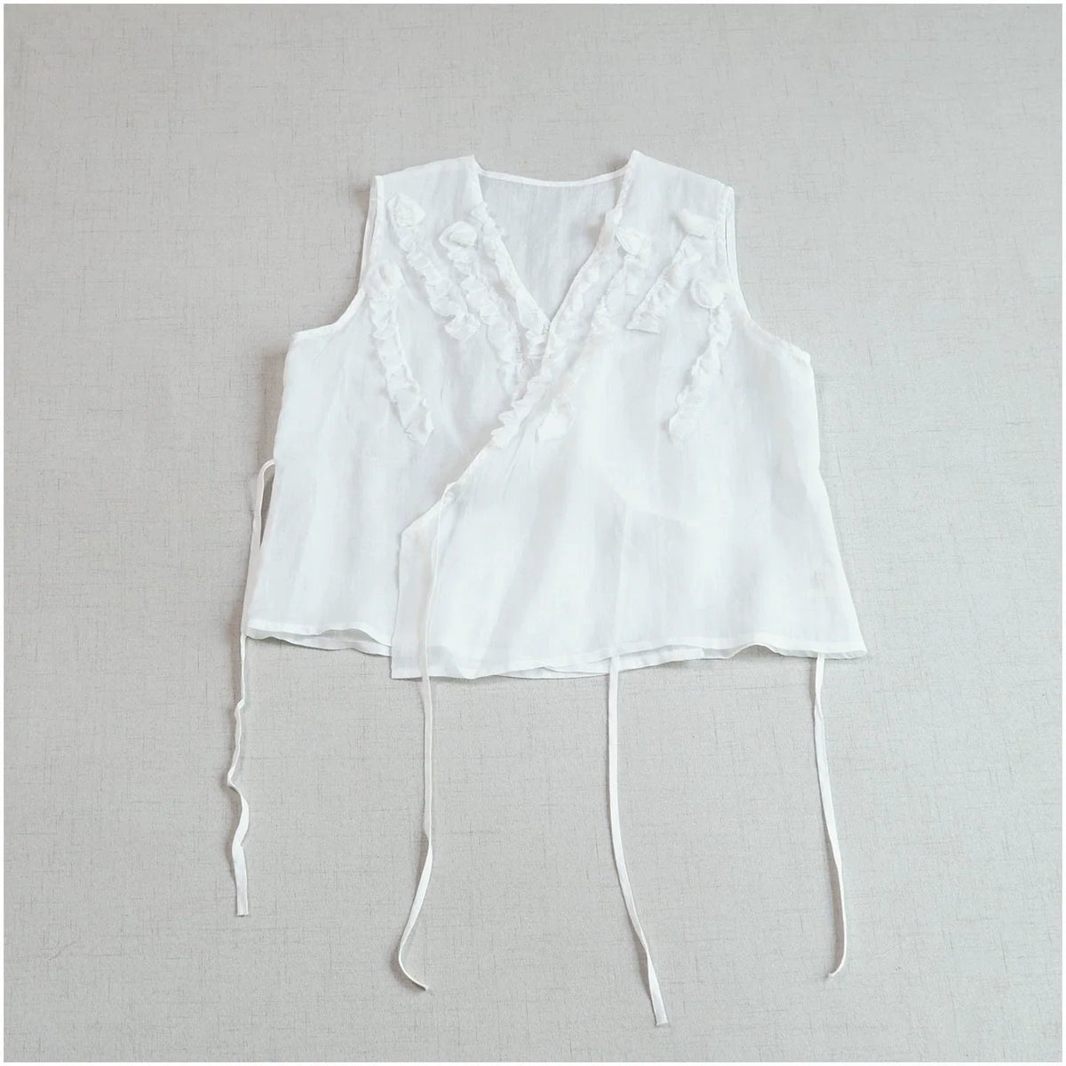 Women Summer Ramie V-Neck Ruffled Lace-Up Sleeveless Top