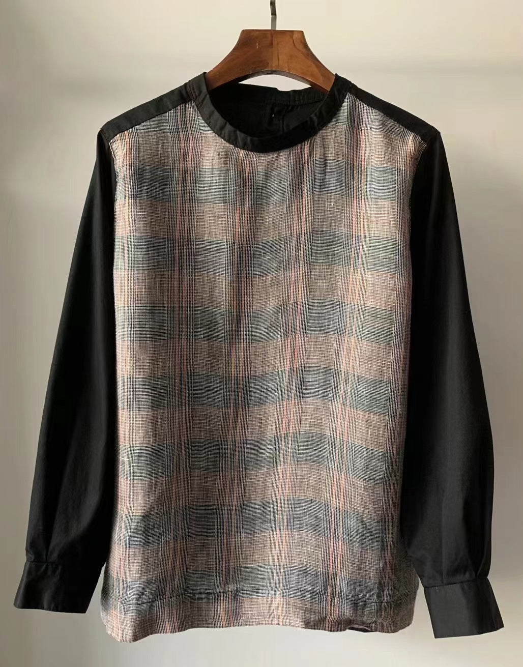 Women Loose Yarn-Dyed Plaid Color Block Linen Pullover